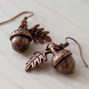 Copper acorn and leaf pierced earrings